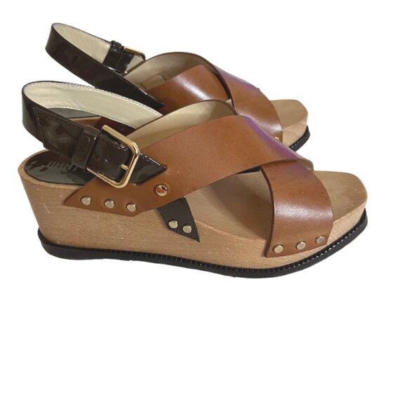 Jimmy Choo 2-Tone Brown Leather, Wood & Patent Leather Wedge Stud Sandals Size 5 main image 9